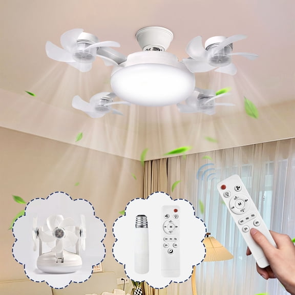 Nordic E27 Screw-In Ceiling Fan with Light and Remote, 60W Modern Drone Design Socket Fan Light, Dimmable Eye-Protection LED Pendant Fan for Bedroom, Living Room & Garage, White