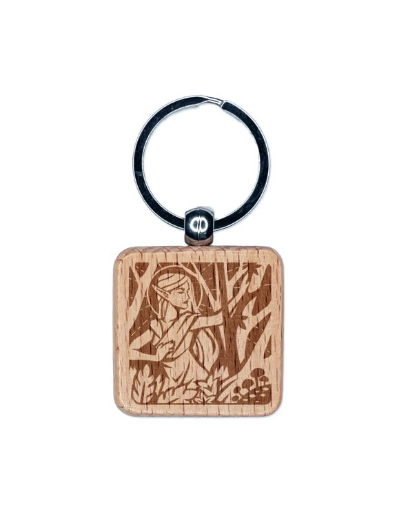 Nordic Elf Woman Mythology Fantasy Square Keychain Charm Tag - Engraved Wood