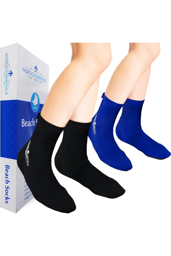 Neoprene Beach Socks for Sand Sports, Quick-Dry Protection, Black + Blue, Large, 2 Pairs