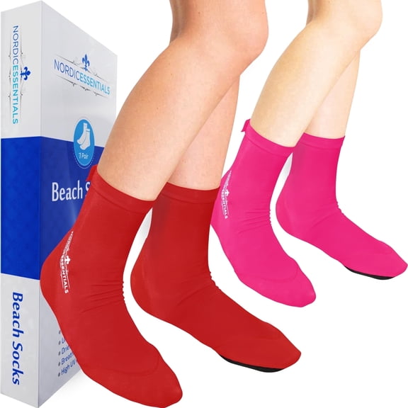 Nordic Essentials Quick-Dry Water Socks, Non-Slip Beach Socks, Pink and Red, 2 Pack, Size XS