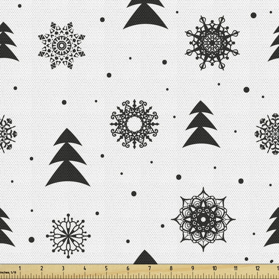 Ambesonne Nordic Fabric by the Yard Upholstery, Xmas Pine Trees Holiday, 1 Yard, Black White