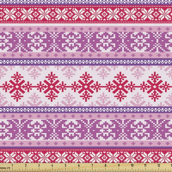 Ambesonne Nordic Fabric by the Yard Upholstery, Geometric Snow December, 3 Yards, Lilac Dark Coral White