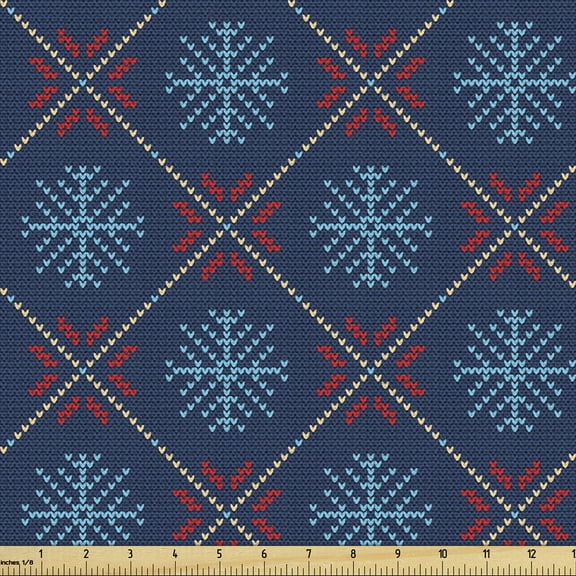 Ambesonne Nordic Fabric by the Yard Upholstery, Vintage Snowflake Motifs, 10 Yards, Blue Beige Scarlet