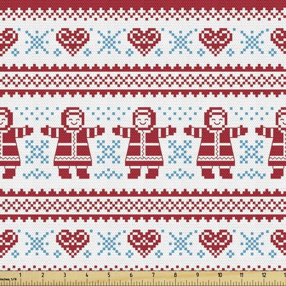 Ambesonne Nordic Fabric by the Yard Upholstery, Xmas Inspired Ornament, 10 Yards, Red Sky Blue White