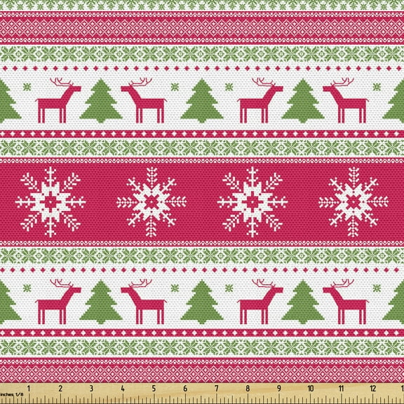 Ambesonne Nordic Fabric by the Yard Upholstery, Needlework Style Xmas, 10 Yards, Pink Lime Green White