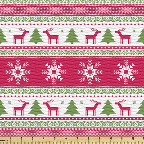 Ambesonne Nordic Fabric by the Yard Upholstery, Needlework Style Xmas, 5 Yards, Pink Lime Green White