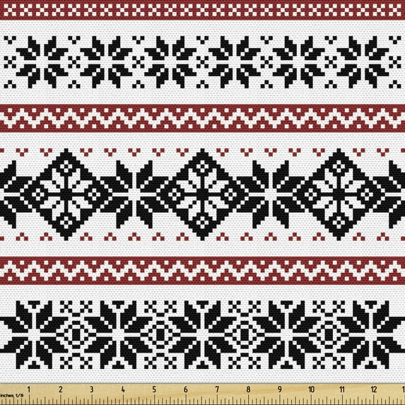 Ambesonne Nordic Fabric by the Yard Upholstery, Ornate Seasonal Motifs Art, 2 Yards, White Black Ruby