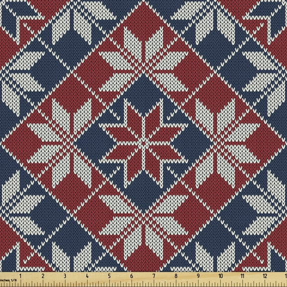 Nordic Fabric by the Yard Upholstery, Wool Knit Pattern with Tartan Geometric Stripes Flower Print, Decorative Fabric for DIY and Home Accents, 1 Yard, Ruby Dark Blue Coconut by Ambesonne