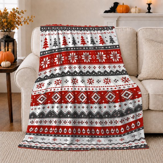 Nordic Fair Isle Holiday Pattern Evergreen Trees Snowflakes, Festive Holiday Scene, Warm Flannel Blanket for Living Room and Reading Nook, Art Lovers Friendship Gift, Festive Home Decor