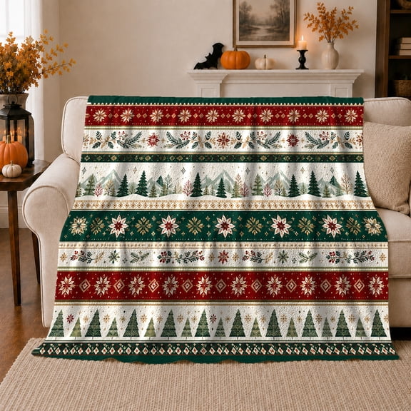 Nordic Fair Isle Winter Stripes Trees Stars Festive, Peaceful Mountain Lake Scene, Warm Flannel Blanket for Cabin and Lodge, Outdoor Lovers Camping Gift, Festive Home Decor