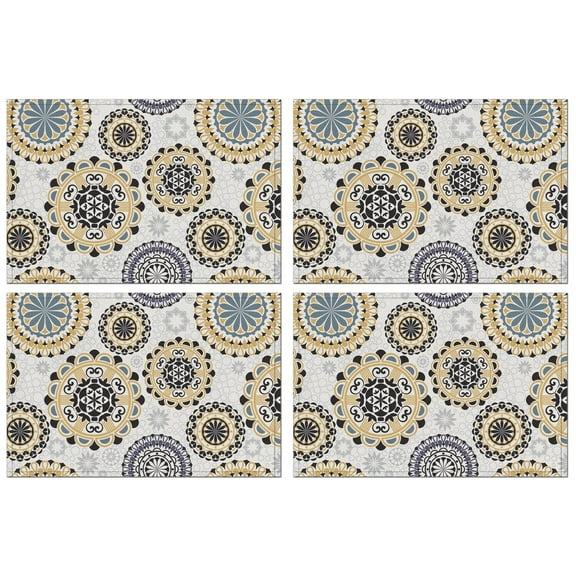 Nordic Farmhouse Style Boho Placemats Set of 4, 12x18 Inch Flax Table Mats with Tribal Artistic Patterns, Washable Rustic Vintage Decor