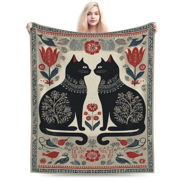 Nordic Folk Art Black Cat Throw Blanket, Scandinavian Floral Pattern, Cozy Winter Home Decor 50x40