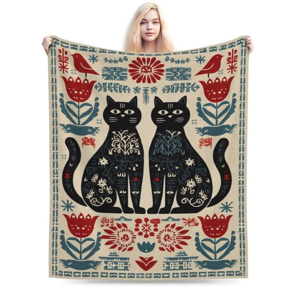Nordic Folk Art Black Cat Throw Blanket, Scandinavian Floral Pattern, Cozy Winter Home Decor 50x40