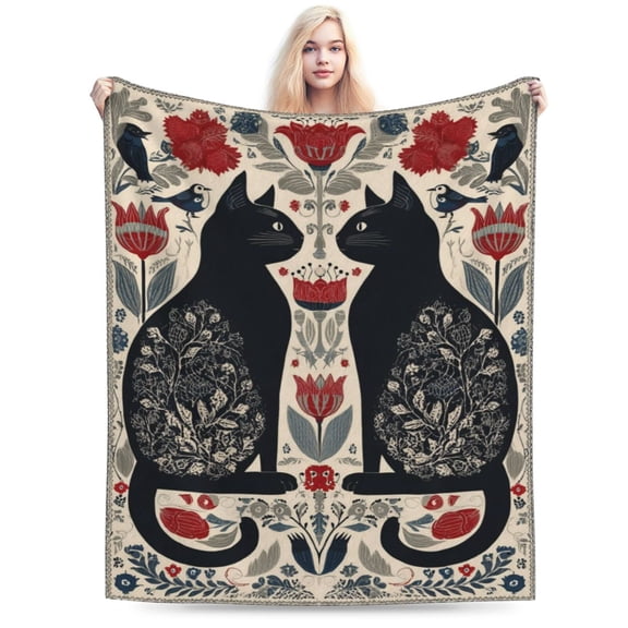 Nordic Folk Art Black Cat Throw Blanket, Scandinavian Floral Pattern, Cozy Winter Home Decor 50x40