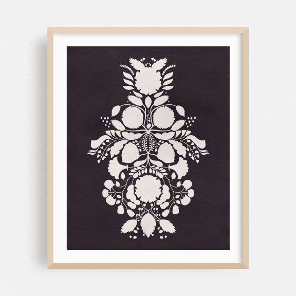 Nordic Folk Art Botanical Illustration – Traditional Floral Design, Light on Dark Canvas - Illustration Floral Black and White Pattern Minimalist Geometric Oak Framed Wall Art Print 6 x 8 inches