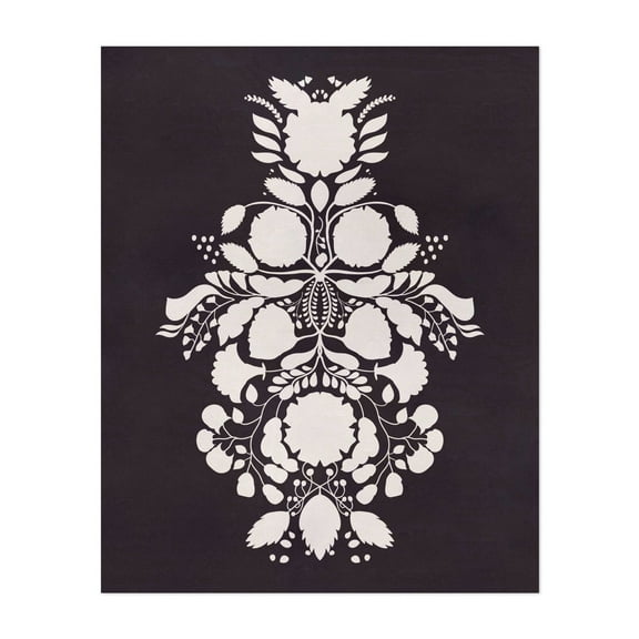 Nordic Folk Art Botanical Illustration – Traditional Floral Design, Light on Dark Canvas - Illustration Floral Black and White Pattern Minimalist Geometric Unframed Wall Art Print 6 x 8 inches