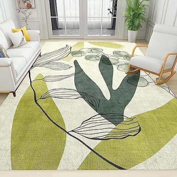 Nordic Fresh Style Palm Leaves Area Rug, Abstract Art Non Slip Throw Accent Rug, Easy Care Durable Carpet For Indoor Living Room Bedroom Office Decor Mat 5x8ft