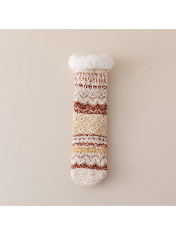 Nordic Geometric Cabin Socks for Women, Fair Isle Cozy Fuzzy Floor Socks with Grip Dots, Sherpa Lined Warm Thick Mid Calf Winter Home Sock