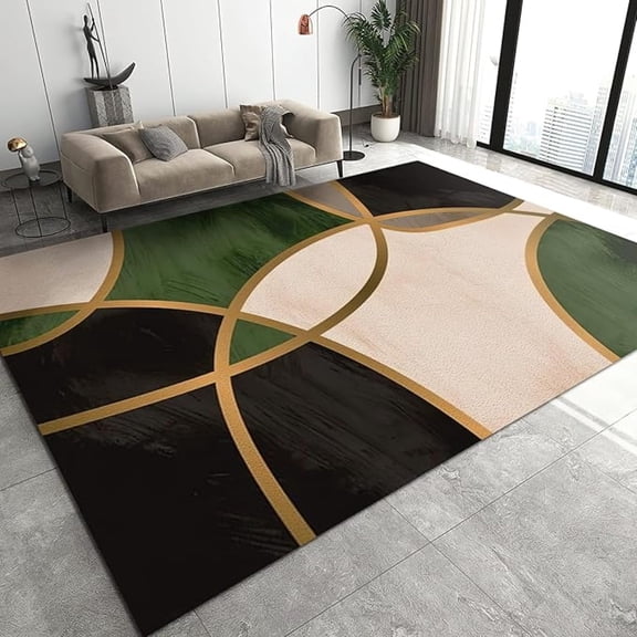 Nordic Geometry Area Rug, Green And Black Three-Color Stitching Non Slip Print Rugs, Easy Care Durable Carpet For Indoor Living Room Bedroom Office Decor Mat 4x6ft