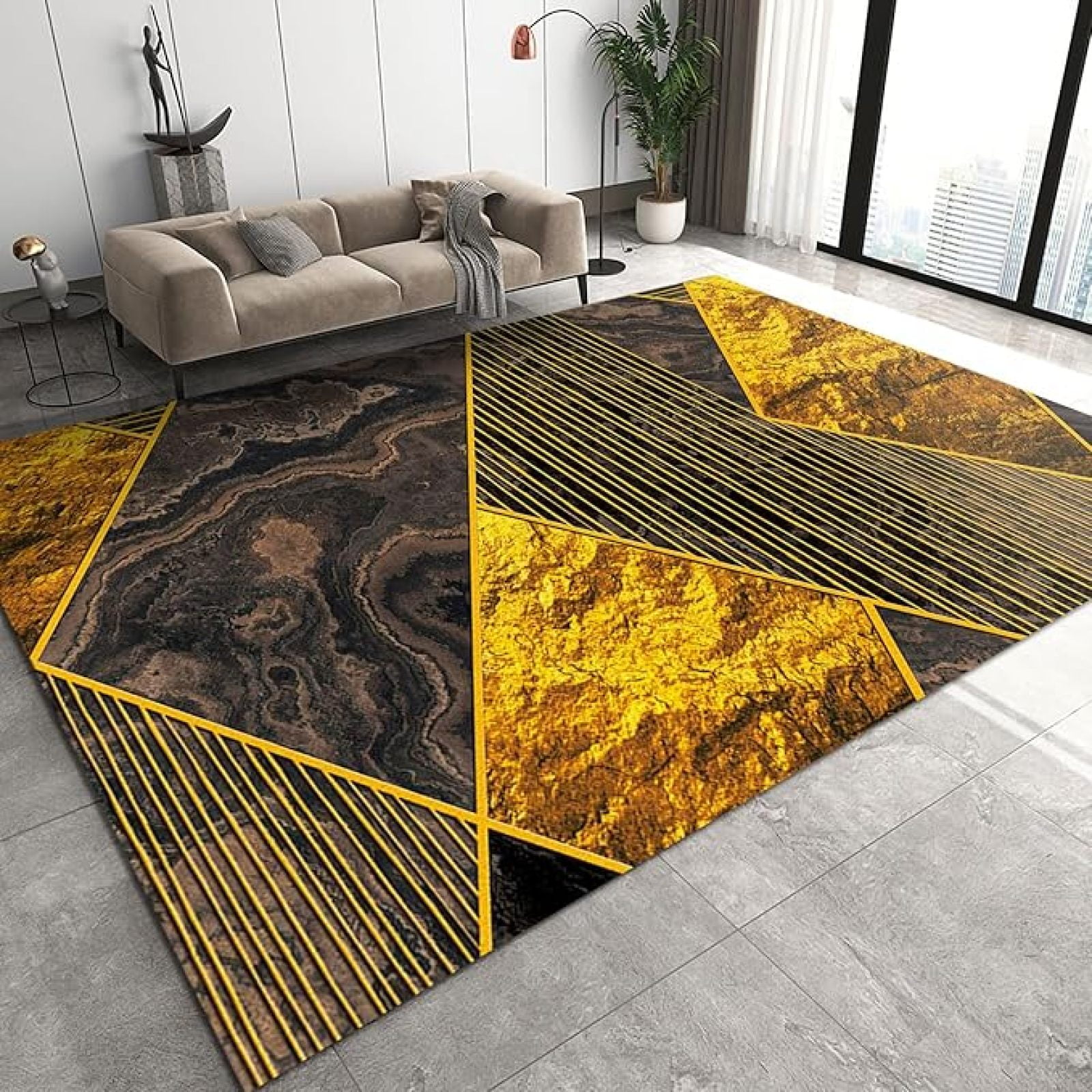 Nordic Geometry Gold Glitter Marble Area Rug, Modern Minimalist ...