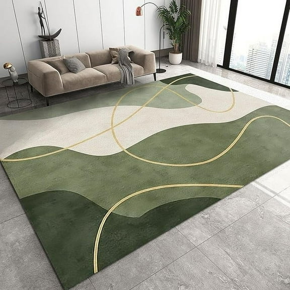 Nordic Gradient Emerald Green Area Rug, Abstract Golden Geometric Lines Indoor Rugs, With Anti-Slip Easy Clean Carpet For Living Room Bedroom Kitchen Dining Room Home Office 4' x 6'