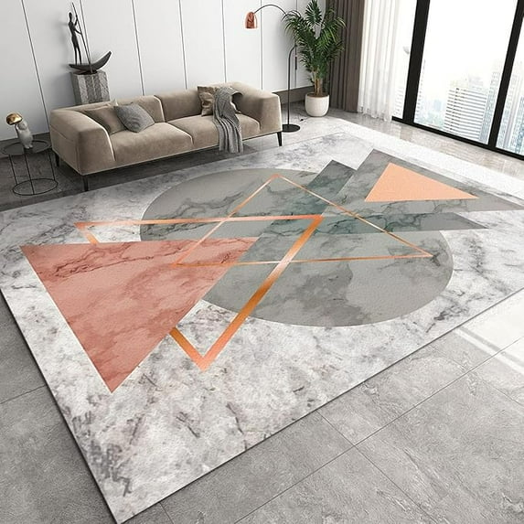 Nordic Gray Pink Rose Gold Geometric Area Rug,Luxury White Marble Rugs, Non-Slip Washable Easy Clean Durable Runner Carpet For Living Room Bedroom Entryway Hallway Kitchen 3 x 4ft