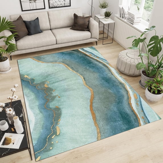Nordic Home Decor Living Room Carpet, Abstract Light Green Gold Marble Area Rugs, Non-Slip Foldable Washable Mat For Sofa Bedroom Entryway Hallway Dining Table Office 3x4ft