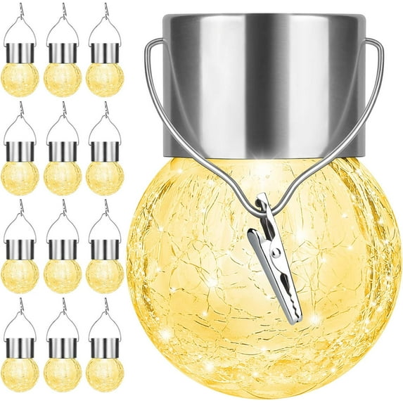 Nordic Hygge 12 Pack Hanging Outdoor Solar Lights - Decorative Cracked Glass LED Ball Lights Waterproof