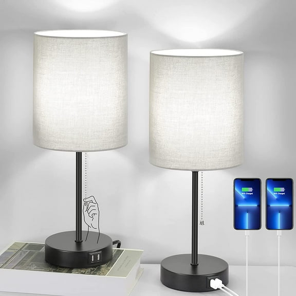 Nordic Hygge 17.3’’ Table Lamps Set of 2 with 2 USB & AC Outlet, Grey