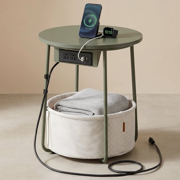 Nordic Hygge 17.7 in. Round Side Table with Charging Station and Storage Basket, Forest Green/Cream White