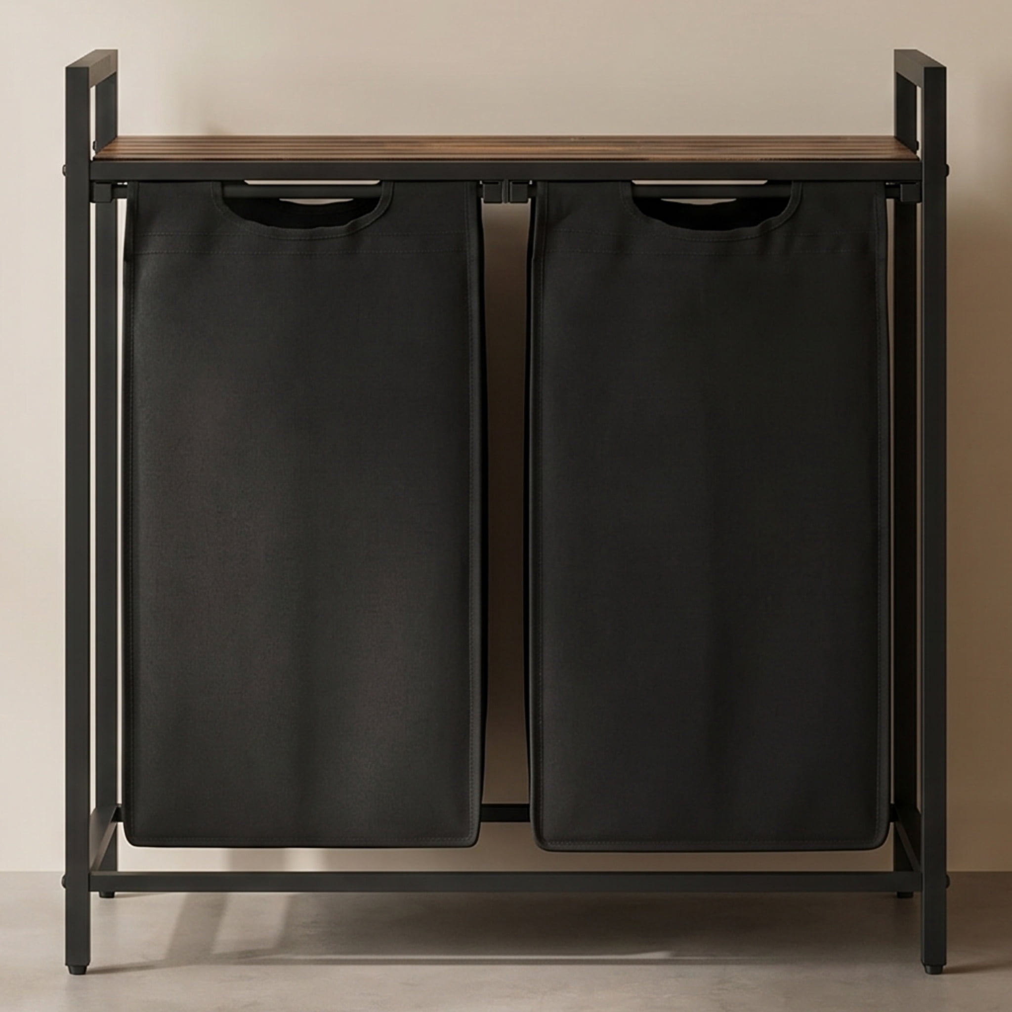 Nordic Hygge 2-Bag Laundry Sorter with Storage Shelf, Ink Black & Rustic Brown