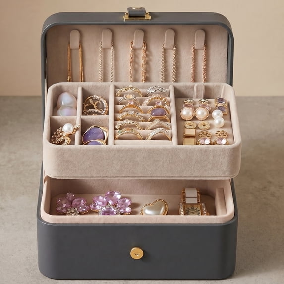Nordic Hygge 2-Layer Portable Travel Jewelry Case, Gray Luxe Organizer