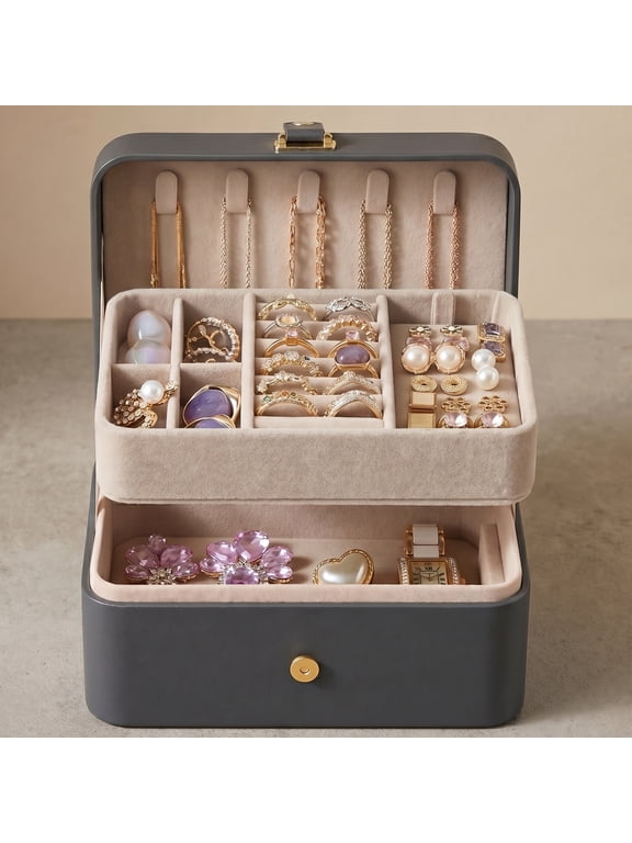 2-Layer Portable Travel Jewelry Case, Gray Luxe Organizer