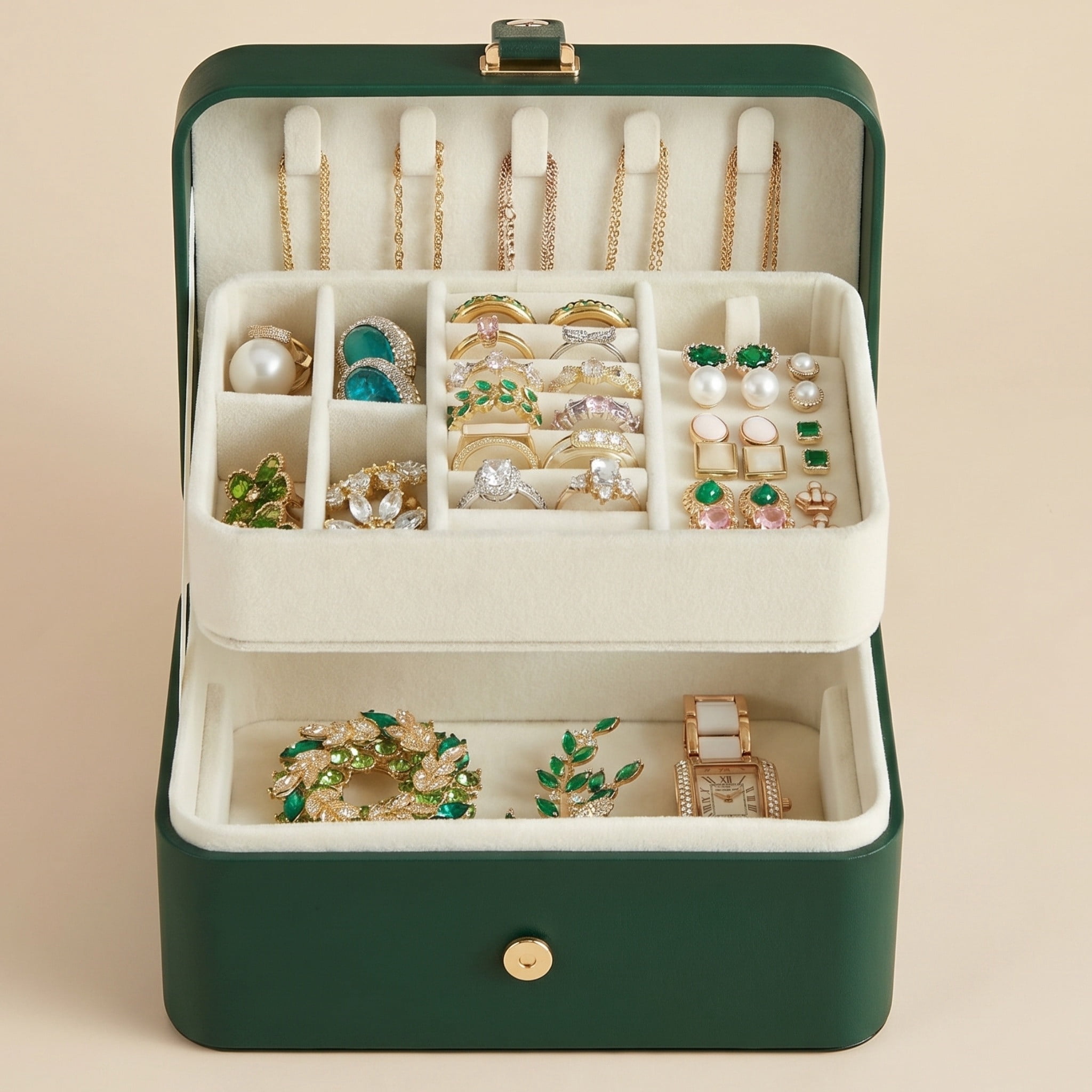 2-Layer Portable Travel Jewelry Case, Retro Green Luxe Organizer