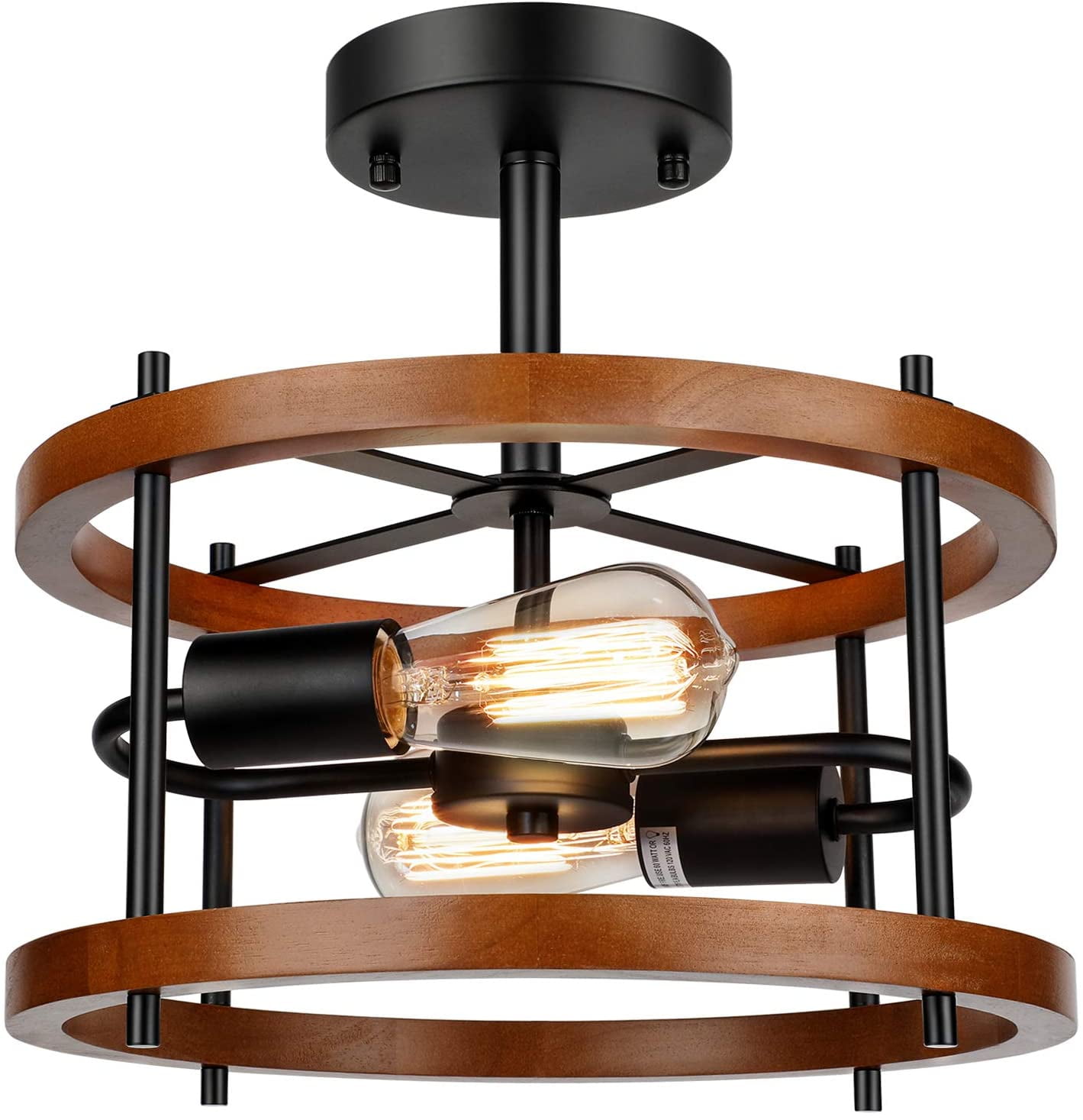 Nordic Hygge 2-Light Retro Semi Flush Mount, Rustic Vintage Wood & Black Metal