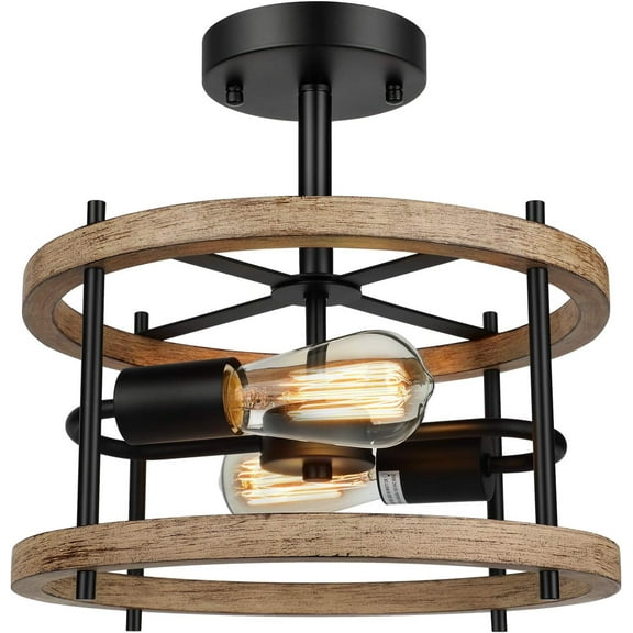 Nordic Hygge 2-Light Rustic Wood Semi Flush Mount Ceiling Light, Vintage Industrial Farmhouse Lamp for Hallway, Bedroom