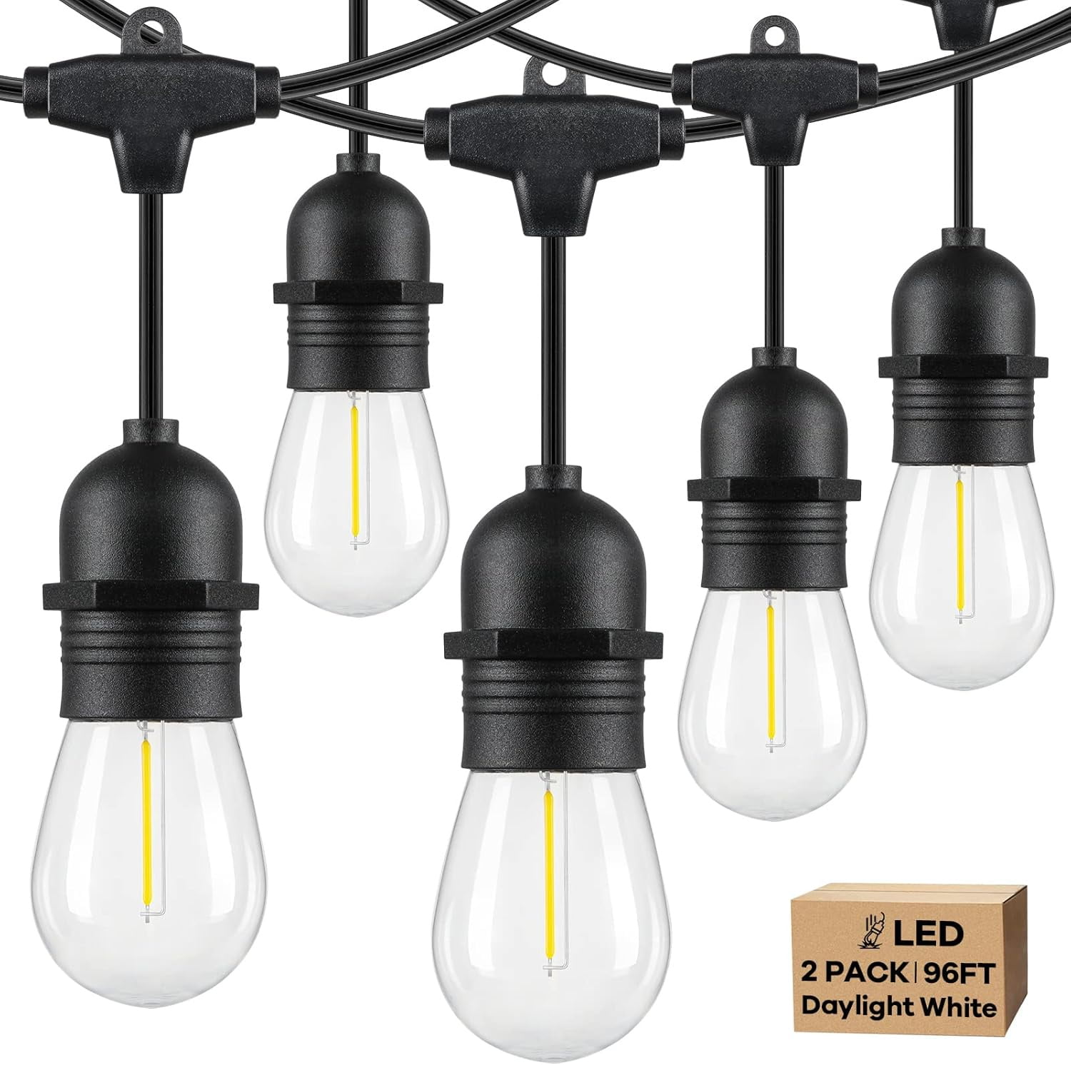 Nordic Hygge 2-Pack 96FT Outdoor String Lights with Waterproof Shatterproof Dimmable 5000K Daylight White E12 Filament S14 LED Bulbs for Backyard Hanging Lights Linkable Patio Lights