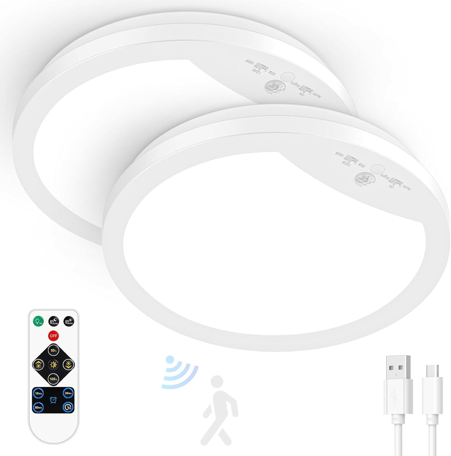2-Pack 9"  3 Color Temperatures Rechargeable Motion Sensor Ceiling Lights with Remote