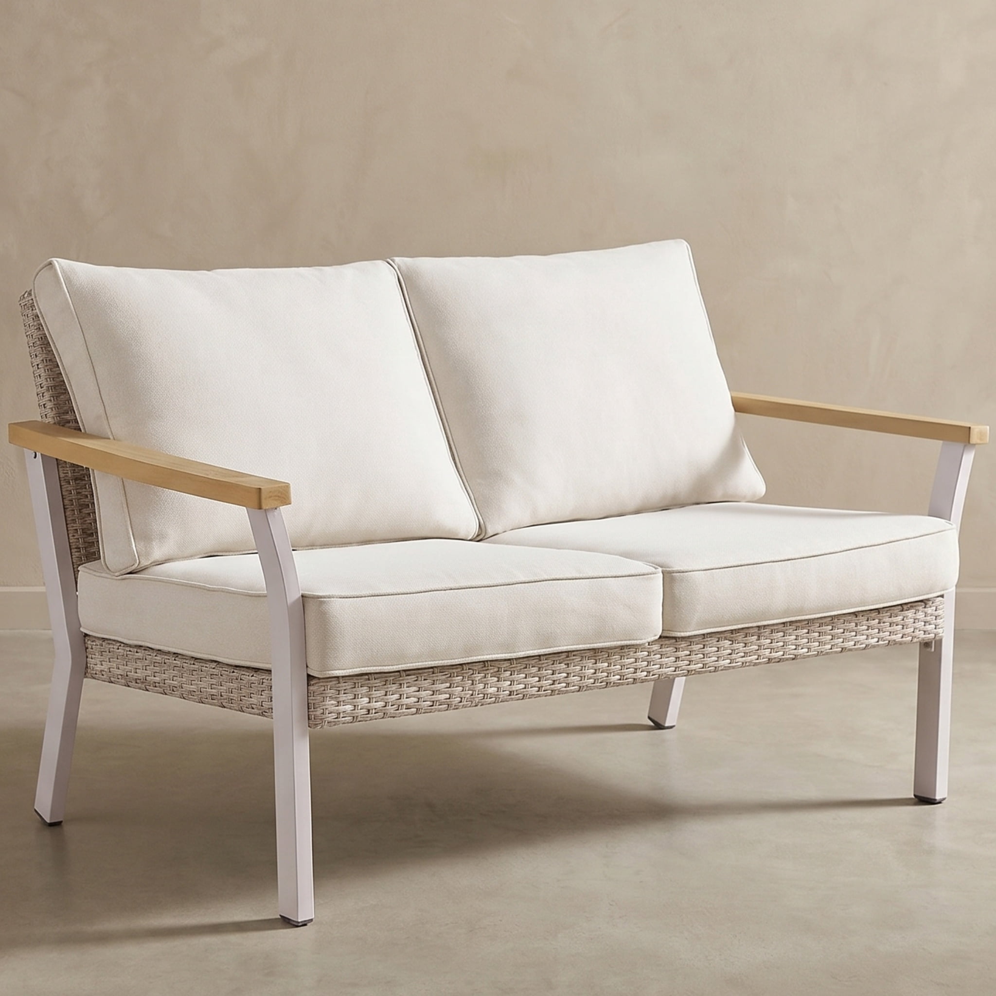 Nordic Hygge 2-Seat Modern Minimalist Patio Sofa with Weather-Resistant Cushions – Powder-Coated Rust-Proof Frame – Bone