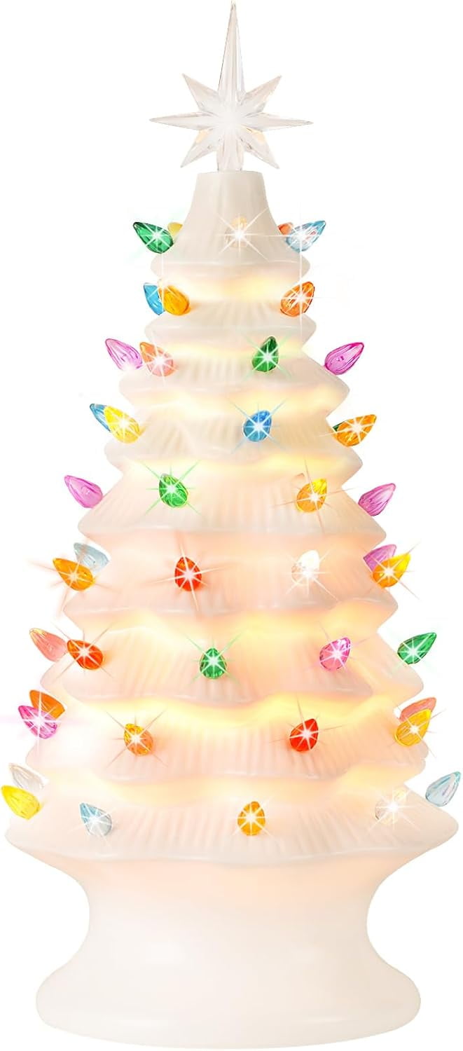 Nordic Hygge 2024 Newest 16.5" Hand Painted Resin Christmas Tree with Lights, Pre-lit Xmas Tree Decor Lighted Tabletop Decoration with Multicolored LED Bulbs, White