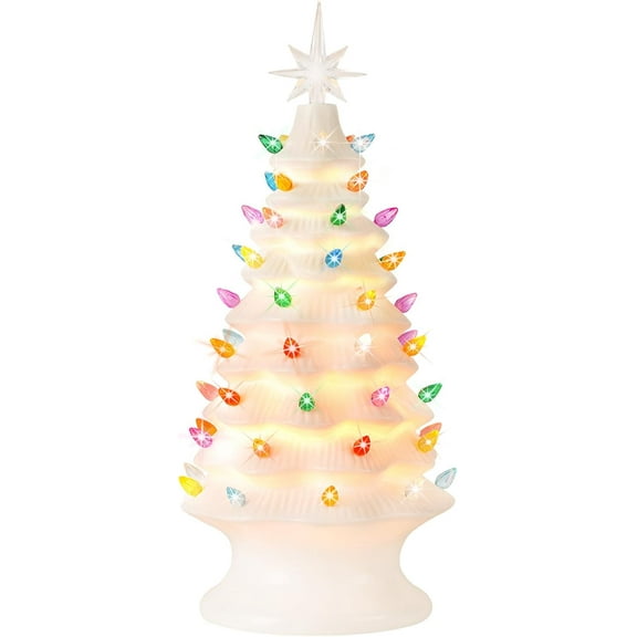Nordic Hygge 2024 Newest 16.5" Hand Painted Resin Christmas Tree with Lights, Pre-lit Xmas Tree Decor Lighted Tabletop Decoration with Multicolored LED Bulbs, White