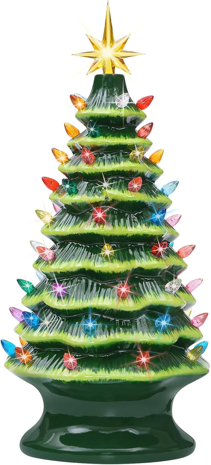 Nordic Hygge 2024 Newest 16.5" Hand Painted Resin Christmas Tree with Lights, Pre-lit Xmas Tree Decor Lighted Tabletop Decoration with Multicolored LED Bulbs, Green
