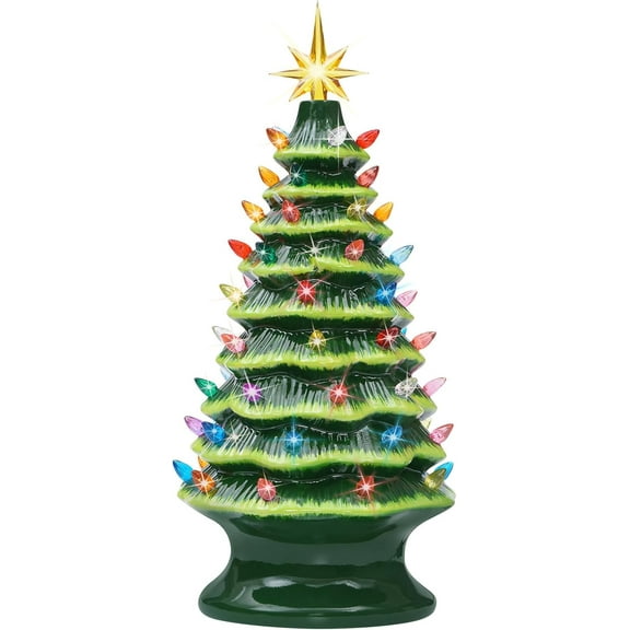 Nordic Hygge 2024 Newest 16.5" Hand Painted Resin Christmas Tree with Lights, Pre-lit Xmas Tree Decor Lighted Tabletop Decoration with Multicolored LED Bulbs, Green