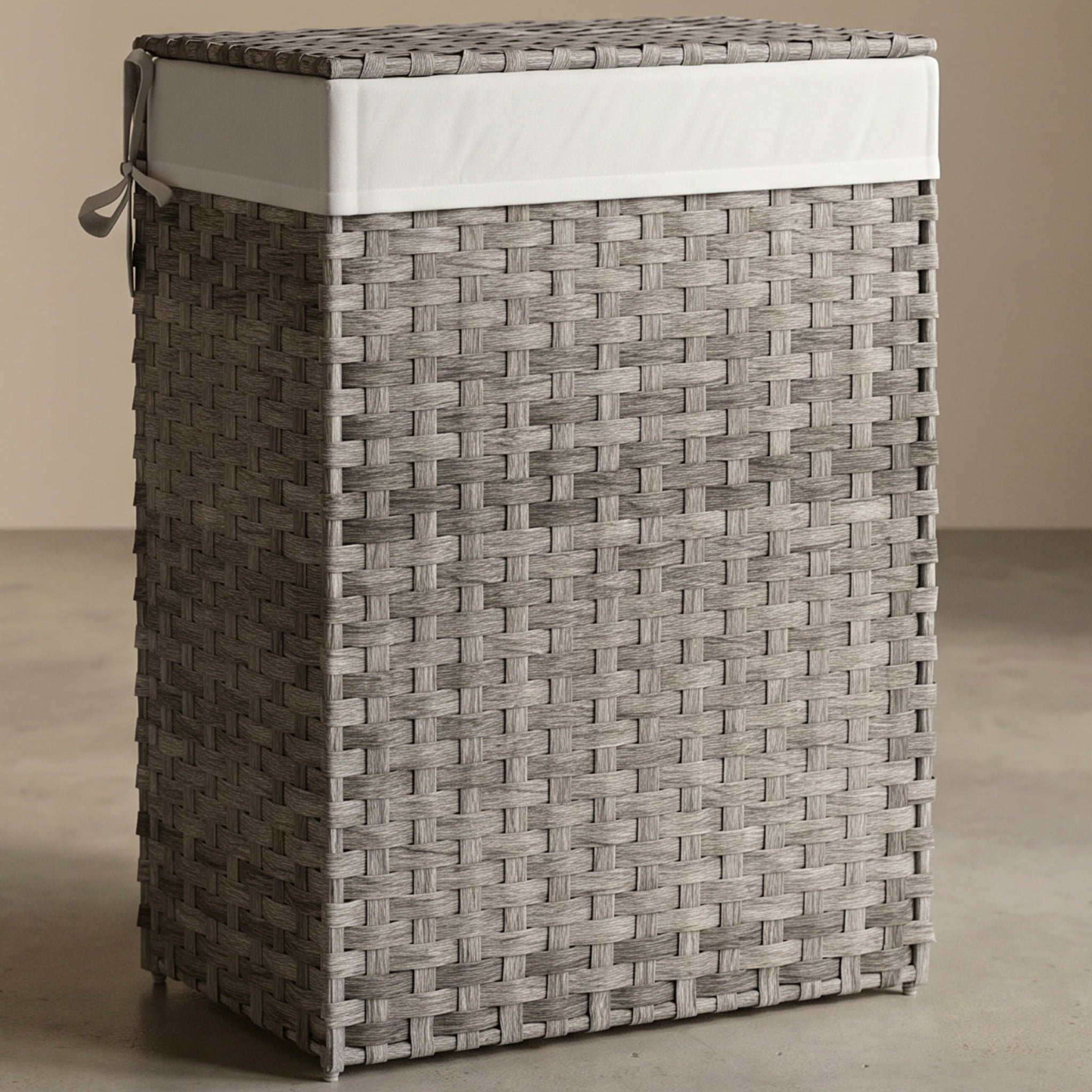 Nordic Hygge 23.8 Gal. Dove Gray Synthetic Rattan Laundry Hamper with Lid and Removable Liner