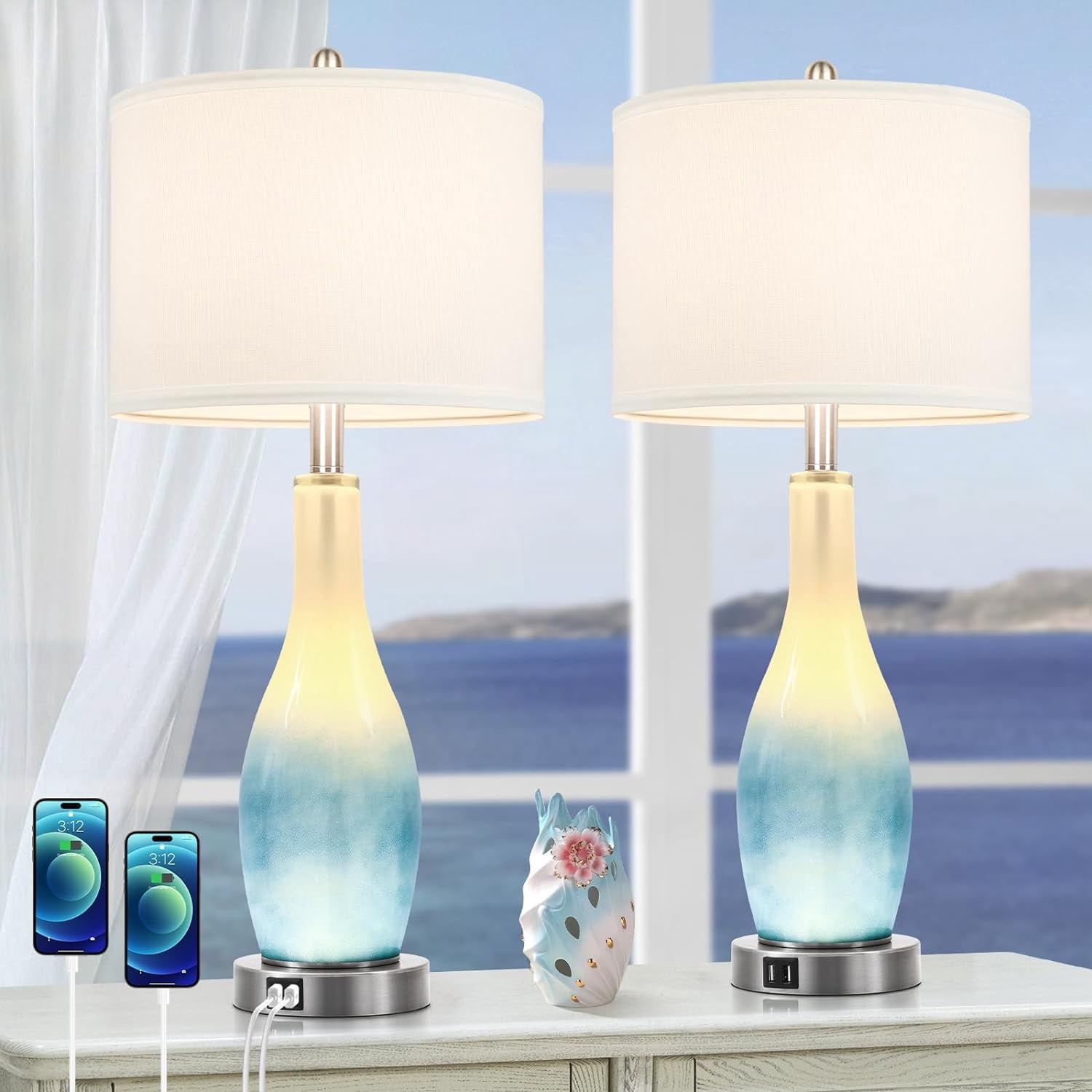 Nordic Hygge 26in Tall Glass Table Lamps Set of 2 with 2 USB Charging Ports & LED Nightlight