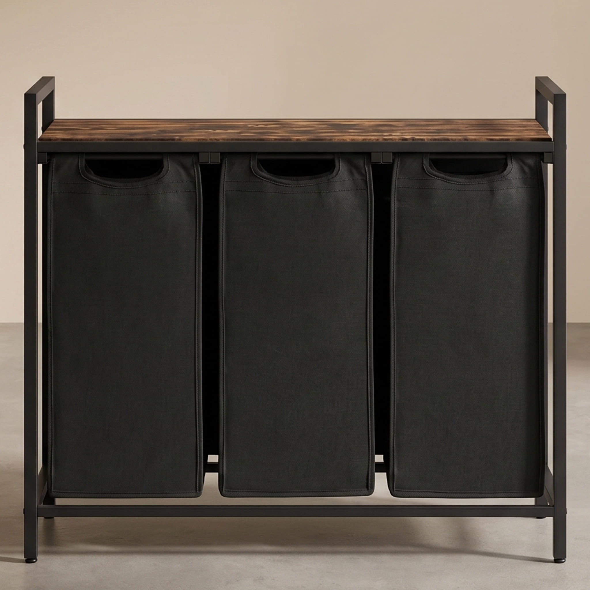 Nordic Hygge 3-Bag Laundry Sorter with Storage Shelf, Ink Black & Rustic Brown