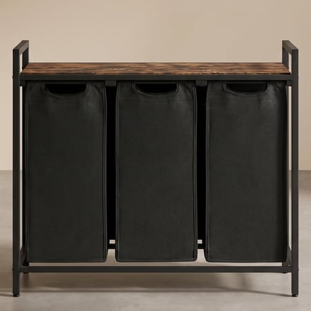 Nordic Hygge 3-Bag Laundry Sorter with Storage Shelf, Ink Black & Rustic Brown
