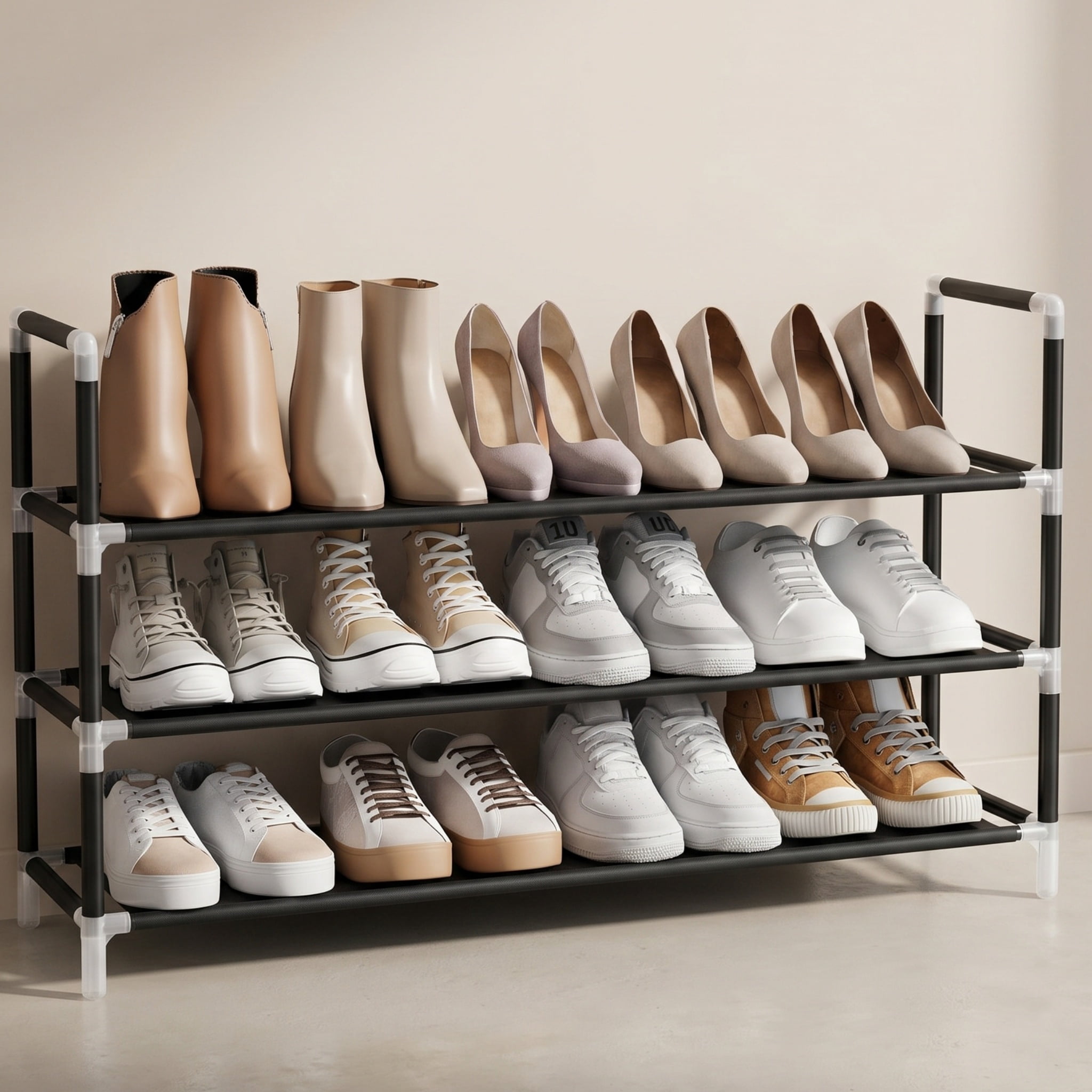 Nordic Hygge 3-Tier Slim Space-Saving Shoe Storage Organizer for Hallway, Closet, and Entryway, Durable Metal Frame with Non-Woven Fabric Shelves, Black