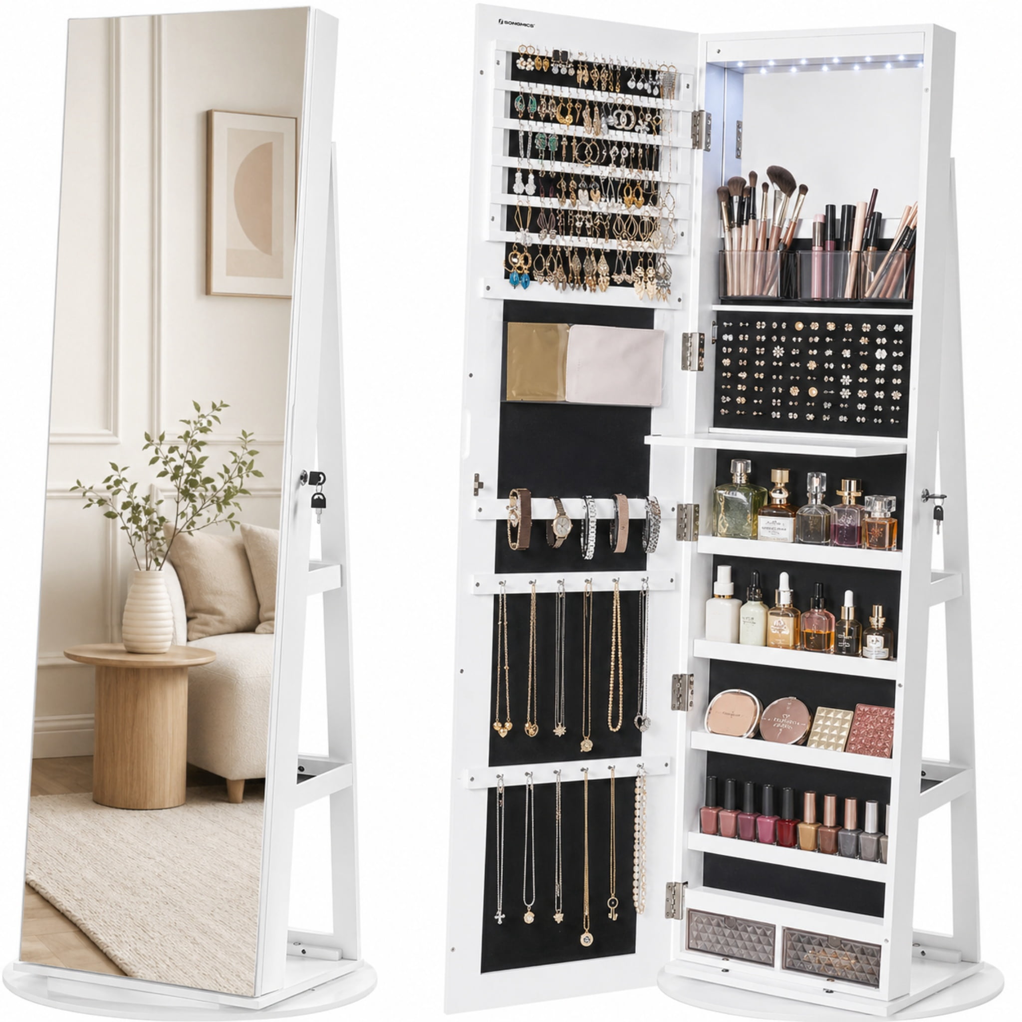 Nordic Hygge 360° Swivel 6-LED Lockable Jewelry Cabinet with Full-Length Mirror – White & Black