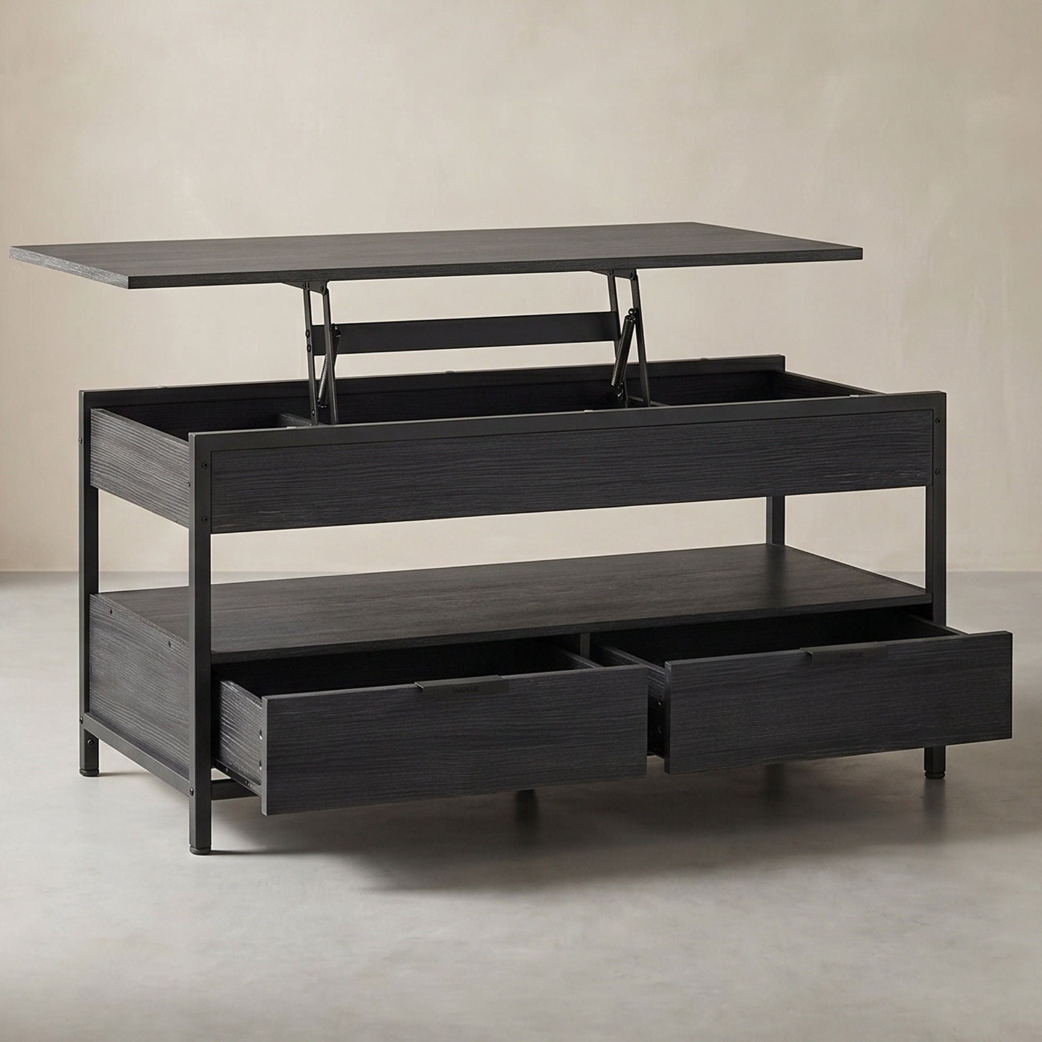 Nordic Hygge 40" Height-Adjustable Living Room Center Table with 2 Storage Drawers and Open Compartment, Anthracite Grey & Ink Black